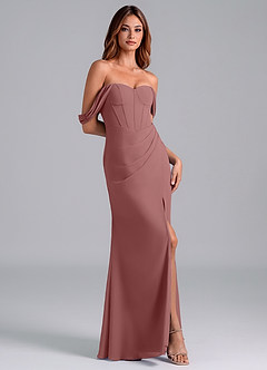 Azazie Asha Robes de demoiselle d'honneur Robe Fourreau Convertible en Mousseline de soie Épaule décolletée Rose Du Désert image3