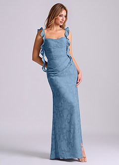 Azazie Jessamine Final Sale Steel Blue Mermaid Corset Floral Burnout Dress image3