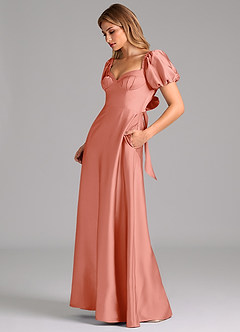 Azazie Fatima Bridesmaid Dresses Coral A-Line Pleated Stretch Satin Dress image5