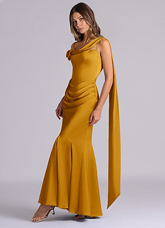 Azazie Inara Bridesmaid Dresses Butterscotch Mermaid Pleated Stretch Satin Dress image3