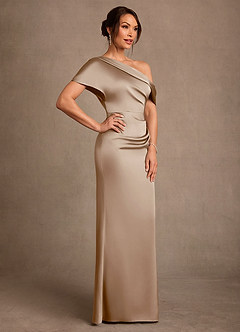 Azazie Rutha Mother of the Bride Dresses Taupe Sheath One Shoulder Stretch Satin Dress image3