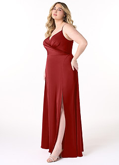 Azazie Dalilah Brautjungfernkleider A-Linie V-Hals Gefaltet Stretch-Satin Kleid Granatapfelrot image8