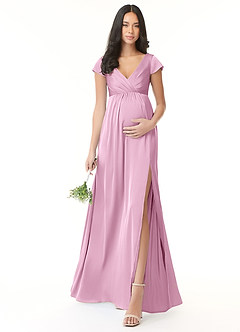 Azazie Allessia Maternity Bridesmaid Dresses A-Line Pleated Stretch Satin Floor-Length Dress image1