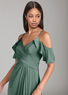 Azazie Dakota Bridesmaid Dresses Eucalyptus A-Line Off the Shoulder Stretch Satin Dress image5