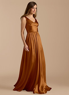 Azazie Keyla Bridesmaid Dresses Copper A-Line Pleated Metallic Satin Dress image7