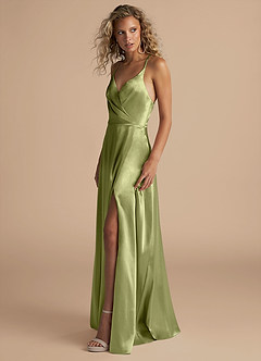 Azazie Davis Bridesmaid Dresses Pistachio A-Line Pleated Metallic Satin Dress image6