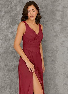 Azazie Kori Brautjungfernkleider A-Linie Plissee Chiffon Kleid Granatapfelrot image4