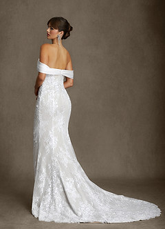 Azazie Harrah At-home Try On Dresses Diamond White Mermaid Off the Shoulder Lace Dress image2