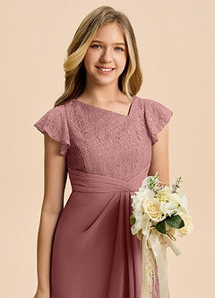 Azazie Jadyn Junior Desert Rose A-Line Lace Chiffon Dress image6