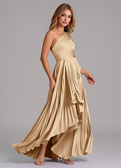 Azazie Lyrica Bridesmaid Dresses Champagne A-Line One Shoulder Stretch Satin Dress image3