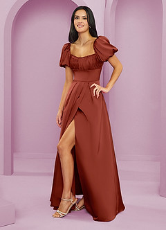 Barbie ♥ Azazie Bridesmaid Dresses Terracotta A-Line Ruched Stretch Satin Dress image3