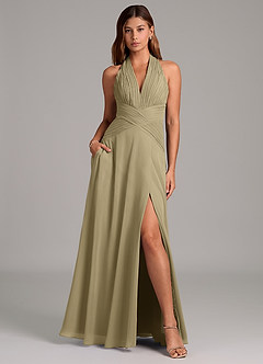 Azazie Elizabeth Jurken voor bruidsmeisjes Jurk van Chiffon met A-Lijn Geplooid Mosgroen image1