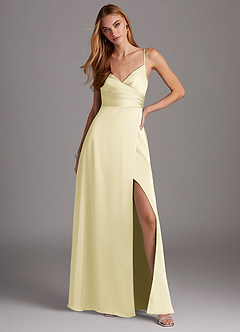 Azazie Calissa Final Sale Agave A-Line V-Neck Pleated Stretch Satin Dress image3