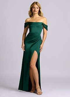 Azazie Auden Brudtärnklänningar Klä av Tubklänning i Stretch Satin Av axeln Smaragdgrön Konvertibel image1