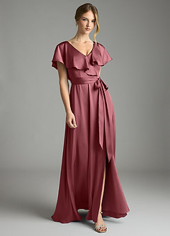 Azazie Lainey Vestidos de damas de honor Vestido de Rosa Del Desierto de Satén Elástico de Corte en A con Con bolsillos image4