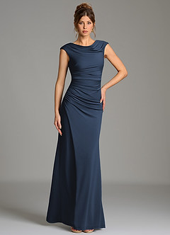 Azazie Chantal Robes de demoiselle d'honneur Robe Sirène en Jersey extensible de qualité supérieure Plissé Bleu Marine Foncé image5
