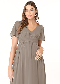 Azazie Verna vestidos de dama de honor de maternidad Vestido de Corte En A Cuello en V fruncido Hasta el suelo Gasa image5