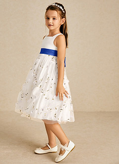 Azazie Pollie Flower Girl Dresses Ivory Royal Blue A-Line Bow Tulle Dress image5