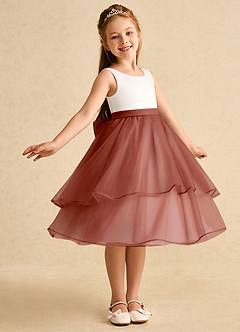 Azazie Rene Blumenmädchenkleider A-Linie Schleifen Tüll Kleid Elfenbein Kastanienbraun image1