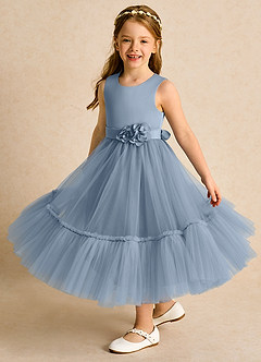 Azazie Miracle Flower Girl Dresses Dusty Blue A-Line Bow Matte Satin Dress image4