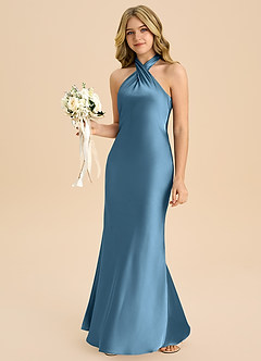 Azazie Chickie Junior Robe Fourreau en Satin extensible Plissée Acier Bleuté image4