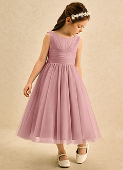 Azazie Macaron Flower Girl Dresses Dusty Rose A-Line Pleated Tulle Dress image1