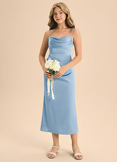 Azazie Mai Junior Powder Blue Sheath Pleated Stretch Satin Dress image4