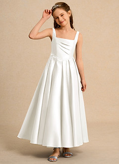 Azazie Mochi Girl Jurken voor bloemenmeisjes Baljurk Jurk van Mat Satijn Geplooid Ivoor image6