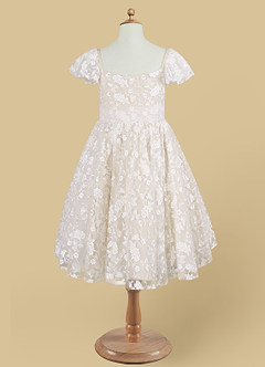 Azazie Delia Robe Demoiselle D'honneur Fillette Robe Trapèze en Dentelle Diamant Blanc Champagne image3