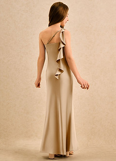 Azazie Almond Girls Formal Flower Girl Dresses Gold Sheath One Shoulder Stretch Satin Dress image1