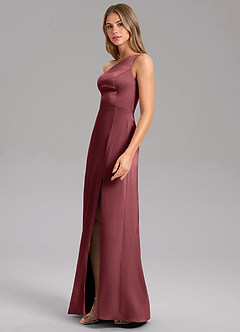 Azazie Feby Robes de demoiselle d'honneur Robe Trapèze en Satin extensible Ue épaule Merlot image4