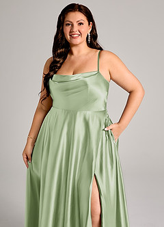 Azazie Elle Bridesmaid Dresses Dusty Sage A-Line with Pockets Metallic Satin Dress image12