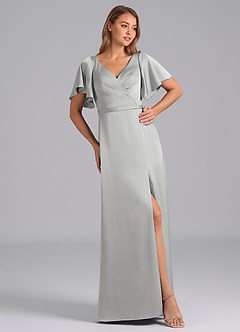 Azazie Ambrosia Bridesmaid Dresses Silver A-Line Pleated Stretch Satin Dress image4