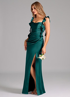 Azazie Jessamine Bridesmaid Dresses Peacock A-Line Corset Stretch Satin Dress image5