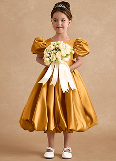 Azazie Jellybean Sukienki dla dziewczynek sypiących kwiaty Suknia balowa Marszczony Matowy satynowy Długość herbaty Sukienka image3