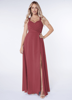 Azazie Nahrin Bridesmaid Dresses Merlot A-Line V-Neck Pleated Chiffon Dress image1