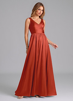 Azazie Keyla Bridesmaid Dresses Rust A-Line Pleated Stretch Satin Dress image5