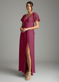 Azazie Kimber Bridesmaid Dresses Mulberry A-Line Flounce Sleeve Chiffon Dress image5