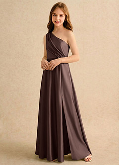 Azazie Puddles Girls Formal Robe Demoiselle D'honneur Fillette Robe Trapèze en Satin extensible Une épaule Ganache image4