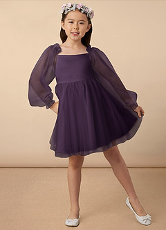 Azazie Aya Flower Girl Dresses Plum A-Line with Sleeves Tulle Dress image1