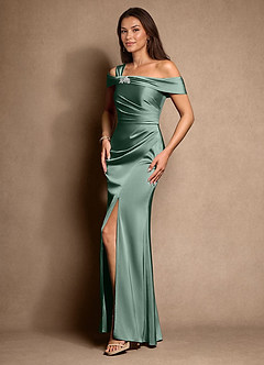 Azazie Altonia Moeder van de bruid jurken Zeemeermin Jurk van Stretch Satijn Off the Shoulder Eucalyptus image5
