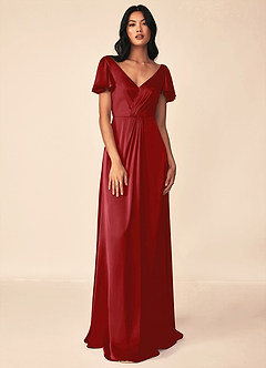 Azazie Soren Bridesmaid Dresses Pomegranate A-Line Pleated Stretch Satin Dress image1