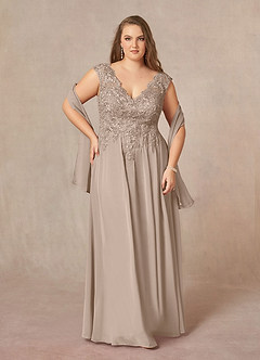 Azazie Amethyst Mother of the Bride Dresses Taupe A-Line V-Neck Sequins Chiffon Dress image9