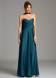 Azazie Ayla Bridesmaid Dresses Ink Blue A-Line Corset Stretch Satin Dress image4