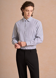 front Aiden Brushed Denim Blue 100% Cotton Non-Iron Striped Dress Shirt