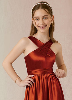 Azazie Jiya Junior Paprika A-Line Pleated Metallic Satin Dress image3