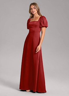 Azazie Fyona Bridesmaid Dresses Pomegranate A-Line Pleated Stretch Satin Dress image4
