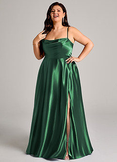 Azazie Elle Bridesmaid Dresses Dark Green A-Line with Pockets Metallic Satin Dress image3