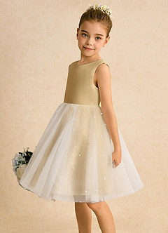 Azazie Esme Flower Girl Dresses Ivory Gold Ball-Gown Bow Tulle Dress image4