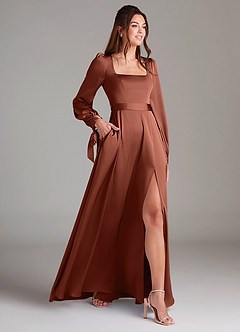 Azazie Leonia Bridesmaid Dresses Clay A-Line Long Sleeve Stretch Satin Dress image4